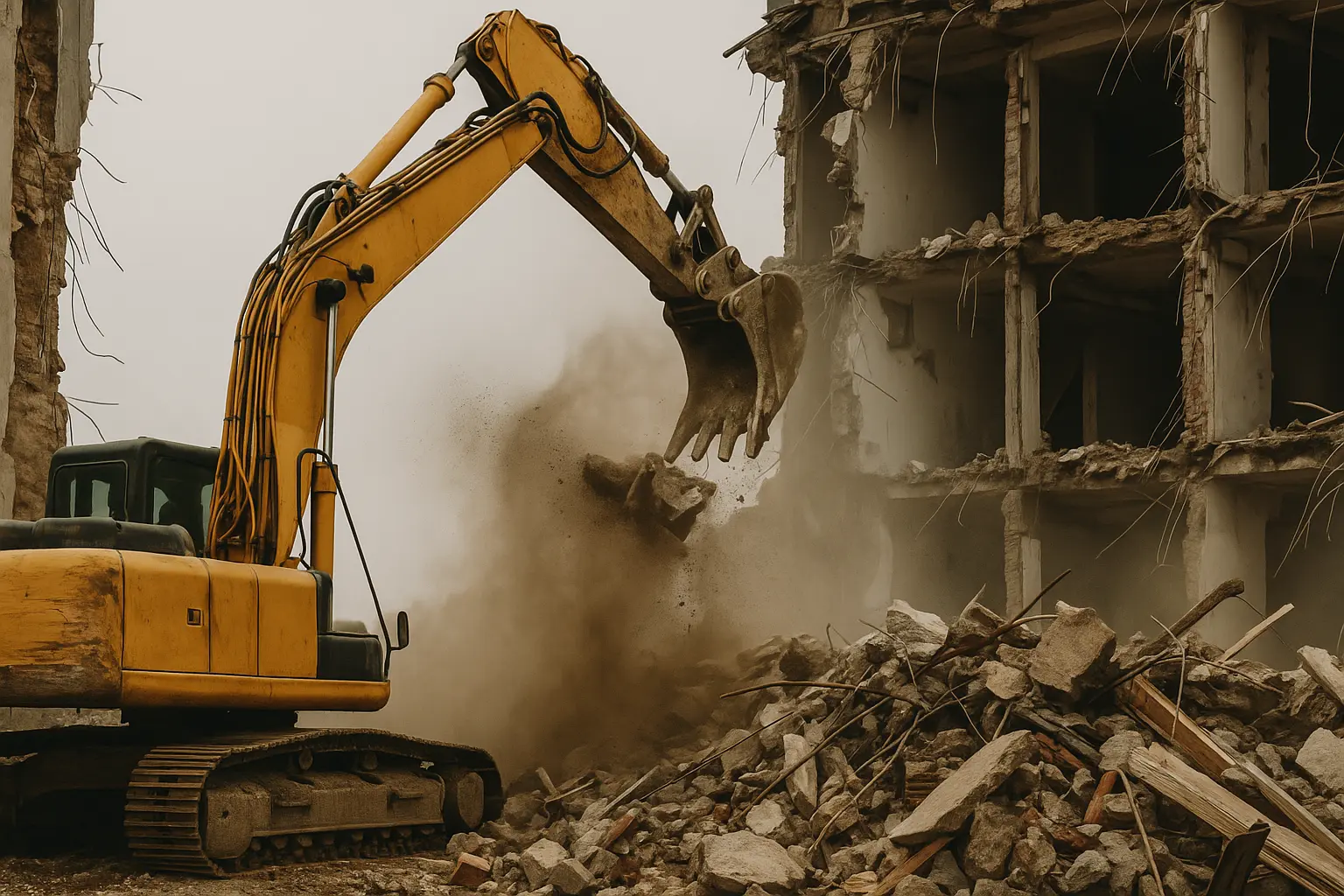 Excavadora demoliendo edificio en construcción.
