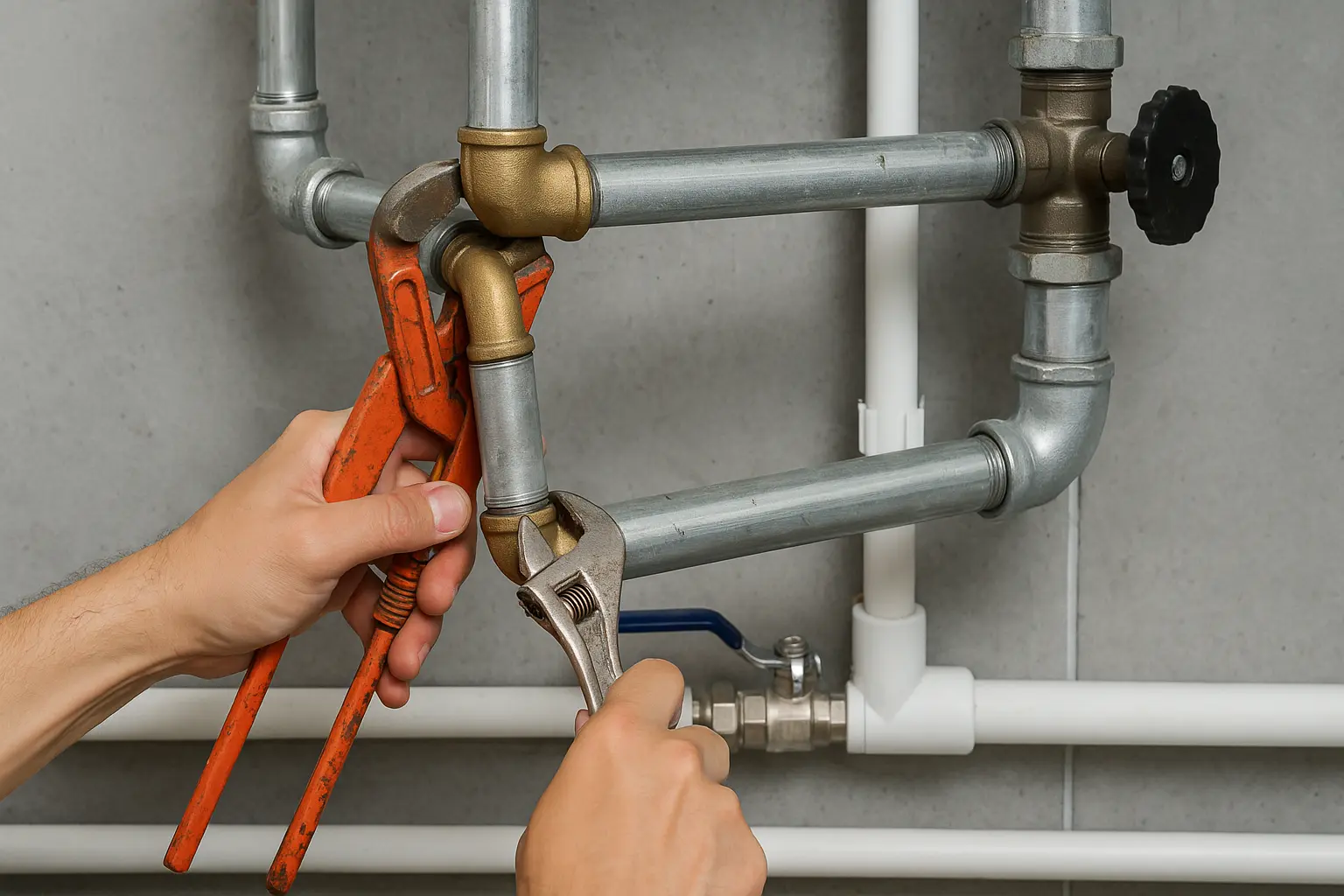 Persona ajustando tuberías con llaves inglesas