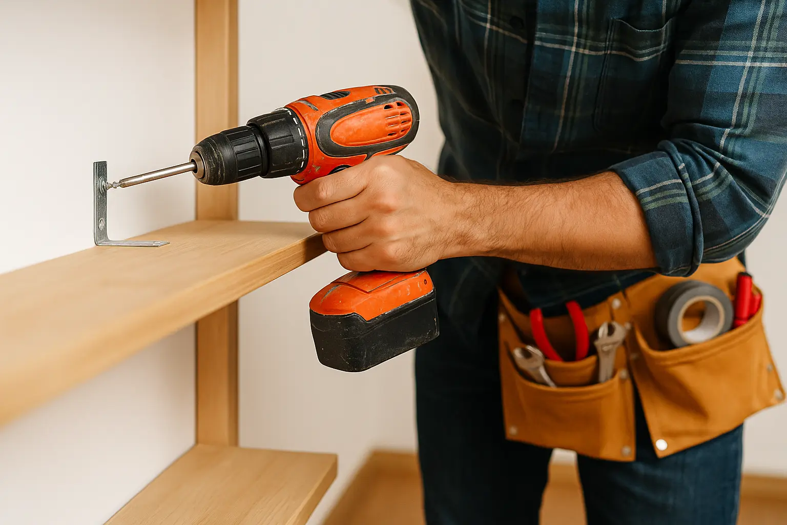 Persona atornillando estante con taladro